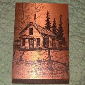 Vintage Copper Etchinv Of  Cabin By The Westgard Plaque Co Out Of Bozeman MT